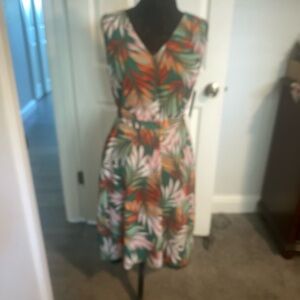Tahari Green Multi Tropical Leaf-Print Midi Dress NEW
